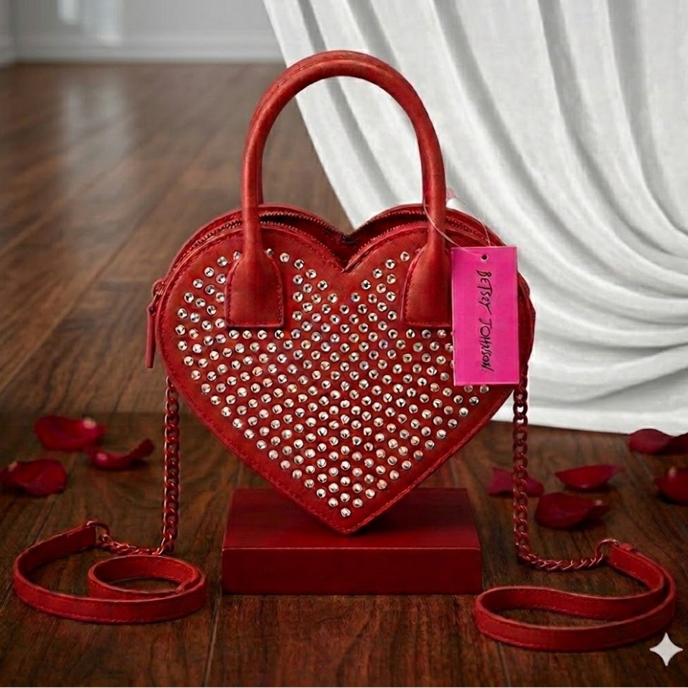 Betsey Johnson Red Heart Crossbody Bag with Rhinestone Studs NWT
